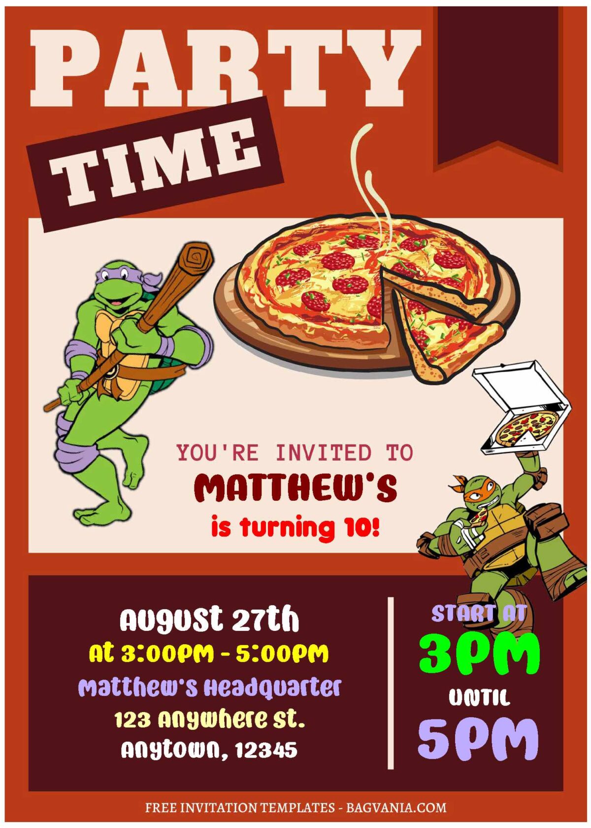 (Free Editable PDF) Fun TMNT Pizza Party Time Birthday Invitation Templates A