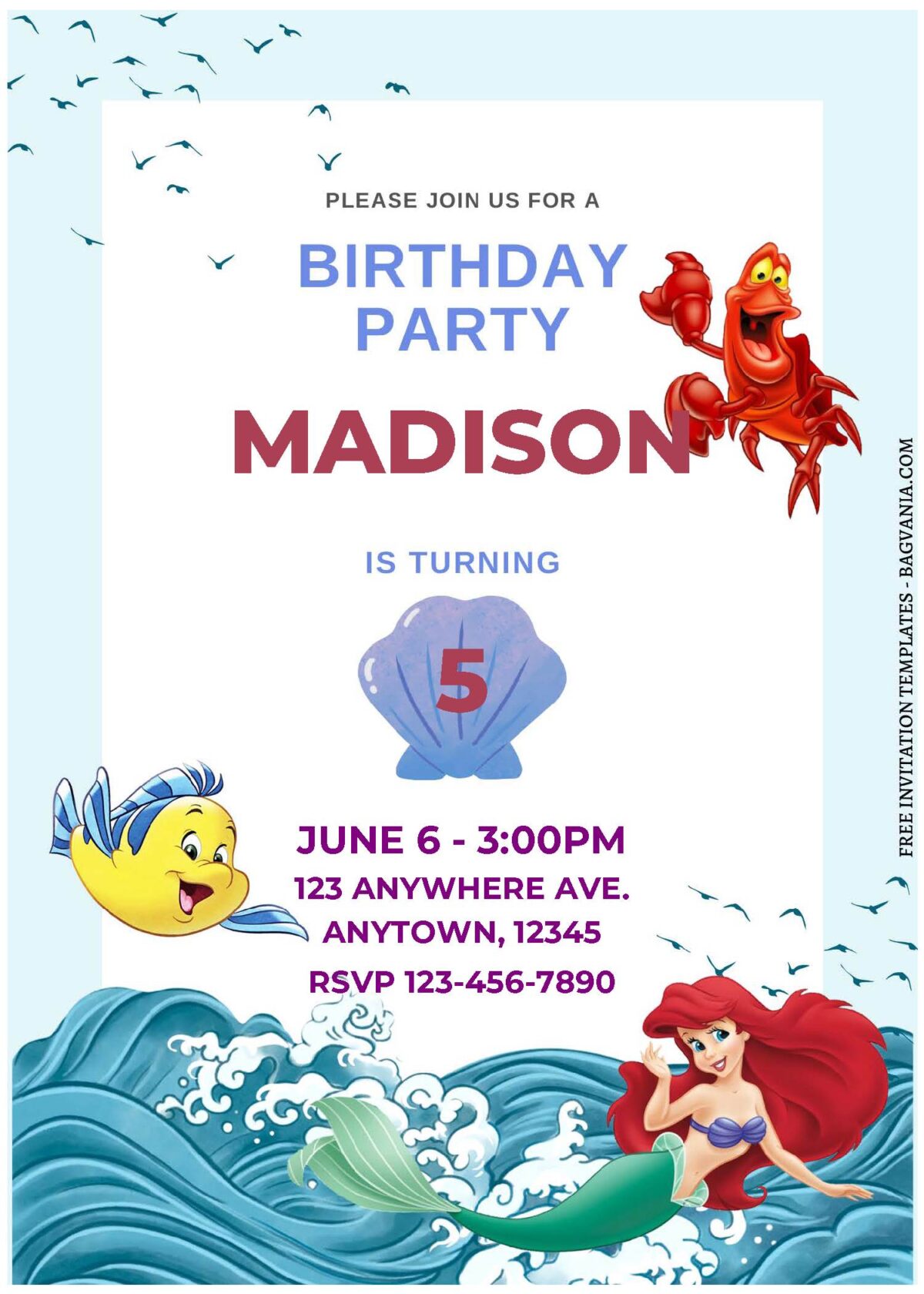 (Free Editable PDF) Lovely Ariel Little Mermaid Birthday Invitation Templates C