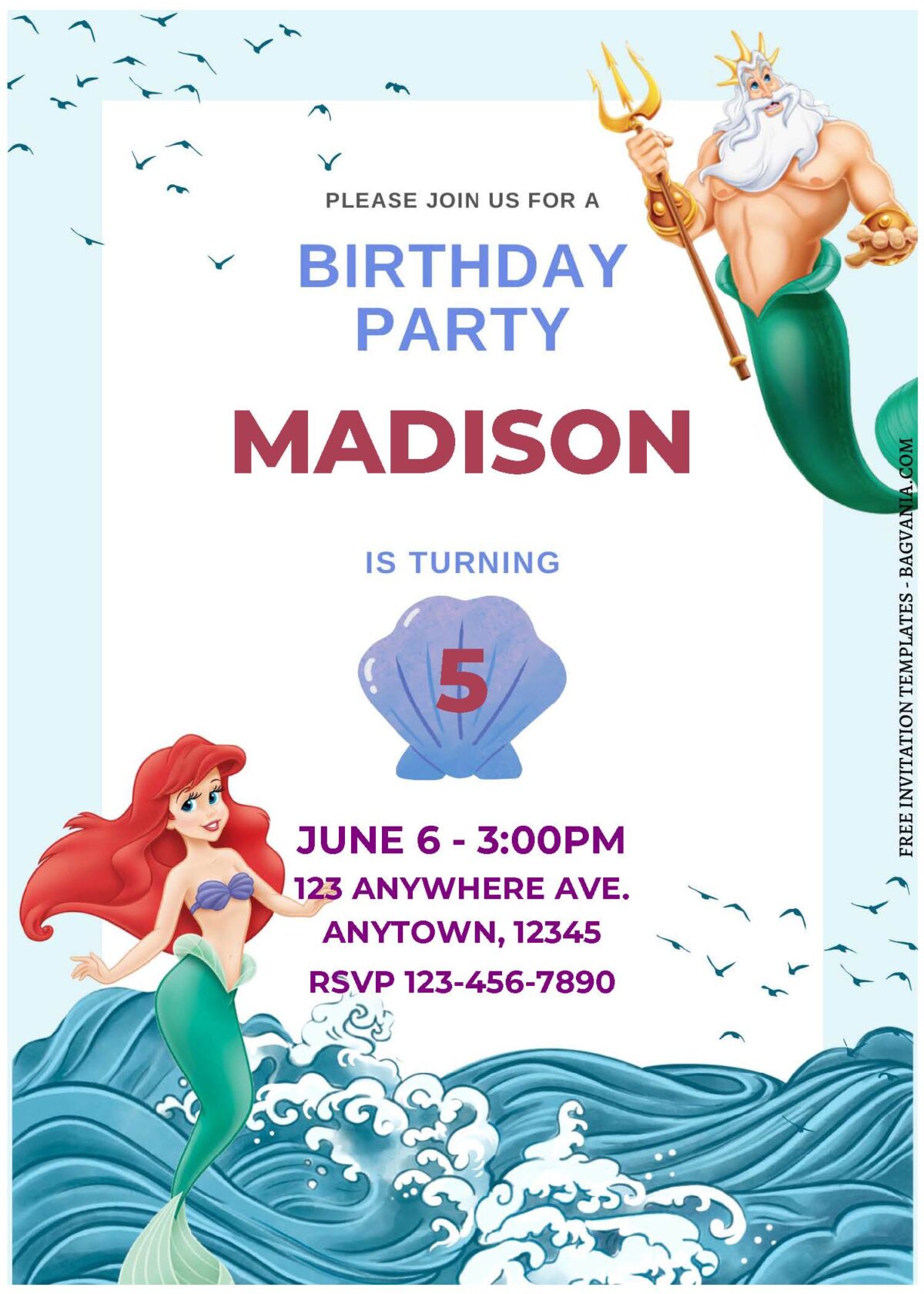 (Free Editable PDF) Lovely Ariel Little Mermaid Birthday Invitation Templates A