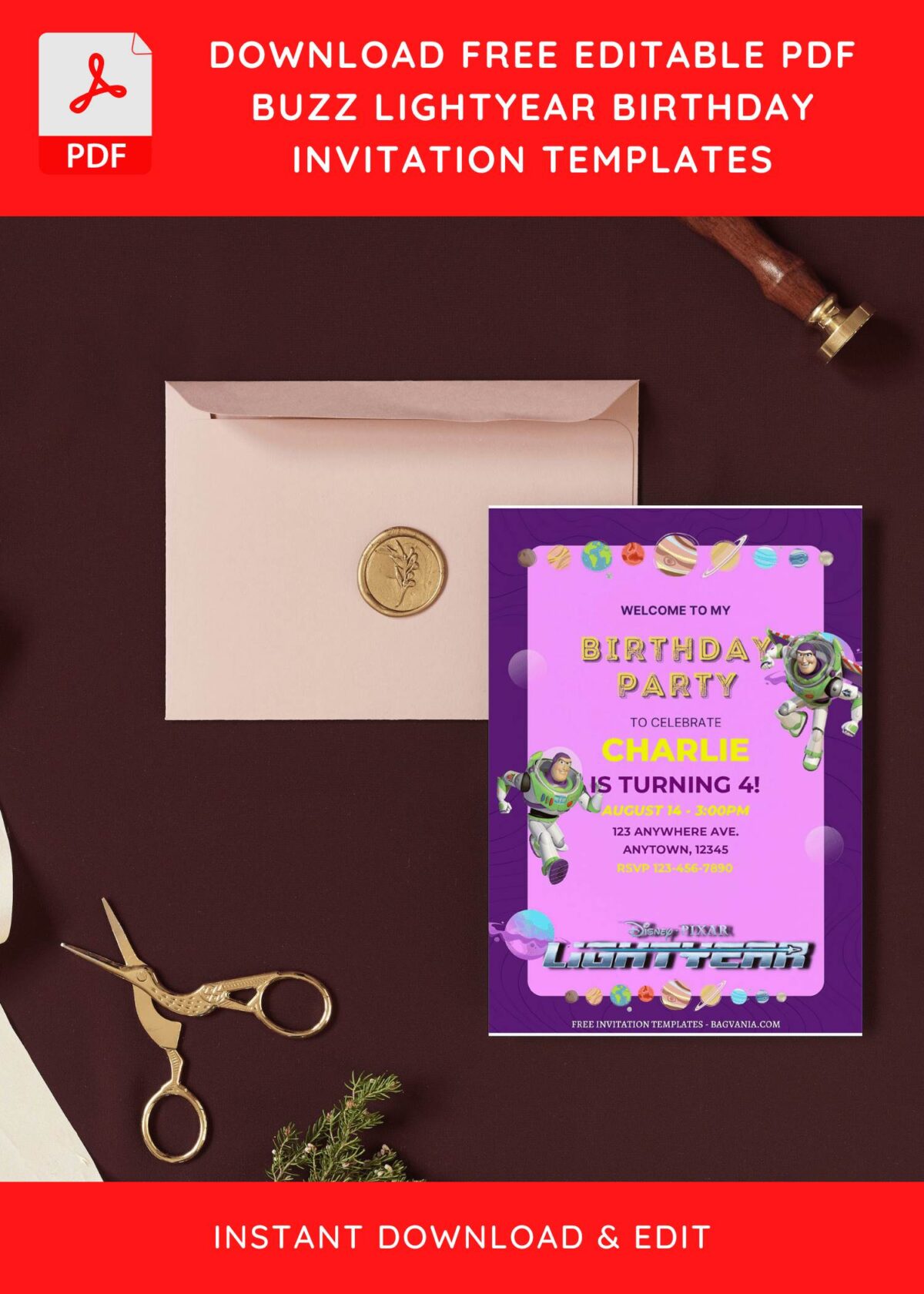(Free Editable PDF) Buzz Lightyear Space Themed Kids Birthday Invitation Templates I
