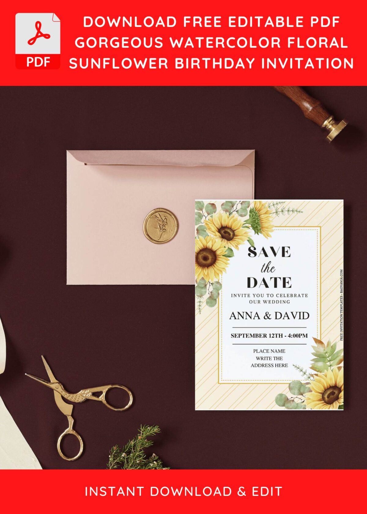 (Free Editable PDF) Joyful Spring Sunflower Wedding Invitation Templates H