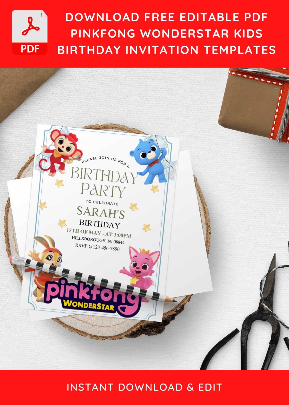 (Free Editable PDF) Adorable Pinkfong Wonderstar Kids Birthday Invitation Templates with cute Monkey and Bunny