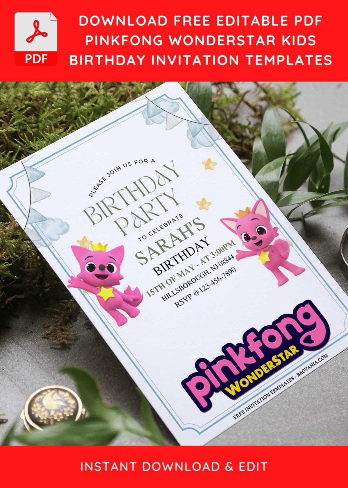 (Free Editable PDF) Adorable Pinkfong Wonderstar Kids Birthday Invitation Templates with catchy wording
