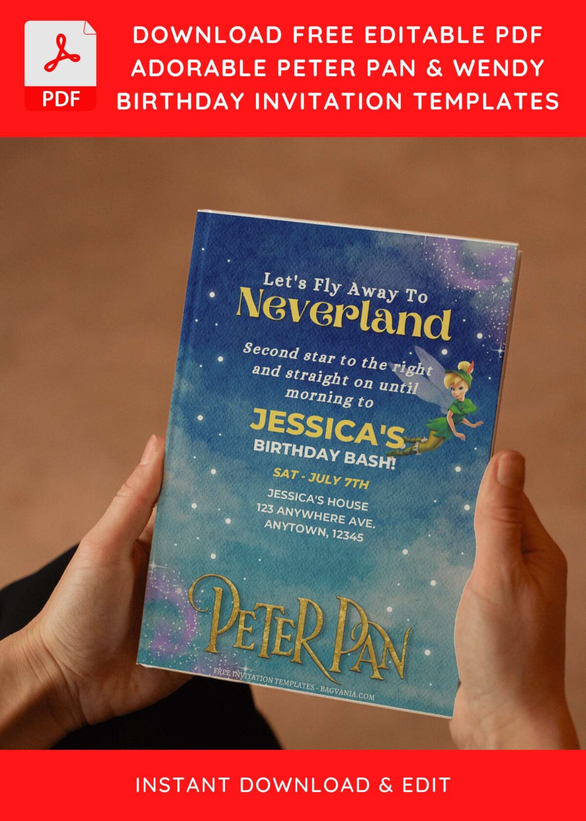 (Free Editable PDF) Starry Night Peter Pan & Wendy Birthday Invitation Templates E