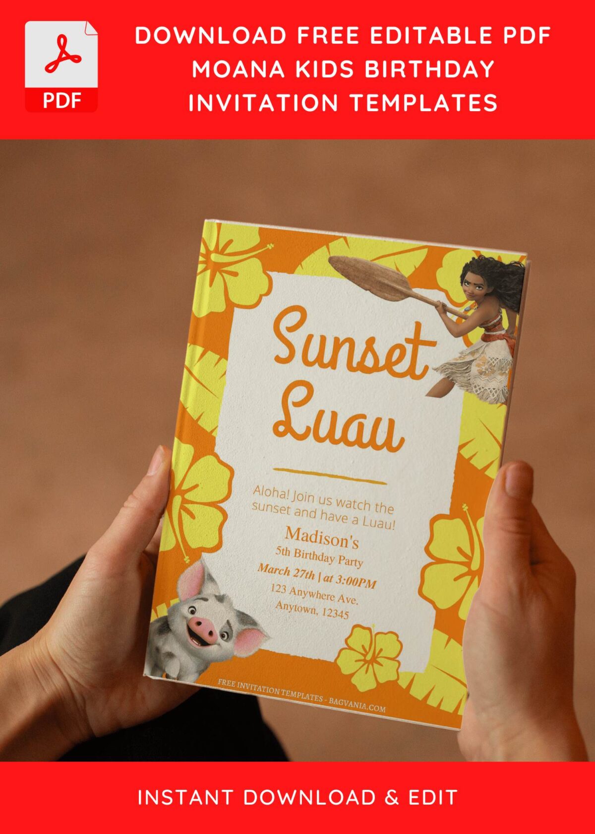 (Free Editable PDF) Cute Sunset Luau Moana Birthday Invitation Templates E