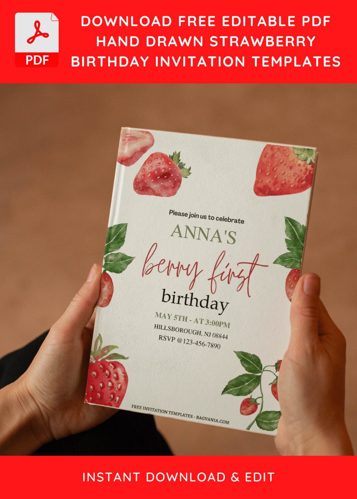 (Free Editable PDF) Refreshing Summer Strawberry Birthday Invitation Templates E