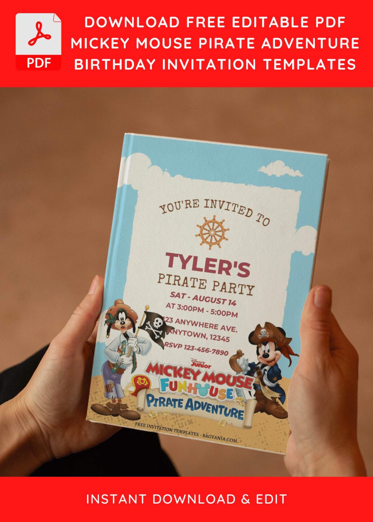 (Free Editable PDF) Super Cute Mickey Mouse Pirate Adventure Birthday Invitation Templates E