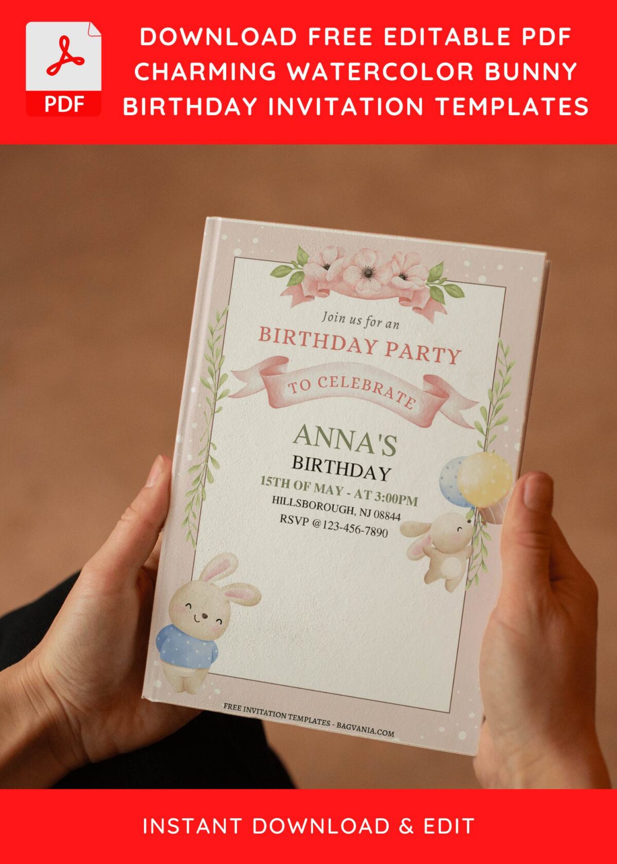 (Free Editable PDF) Watercolor Floral Bunny Birthday Invitation Templates E