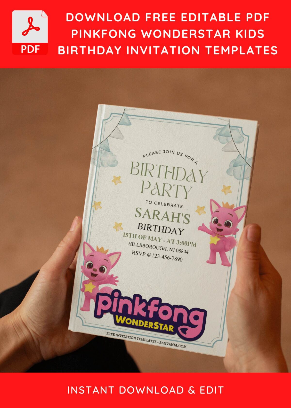 (Free Editable PDF) Adorable Pinkfong Wonderstar Kids Birthday Invitation Templates with editable text