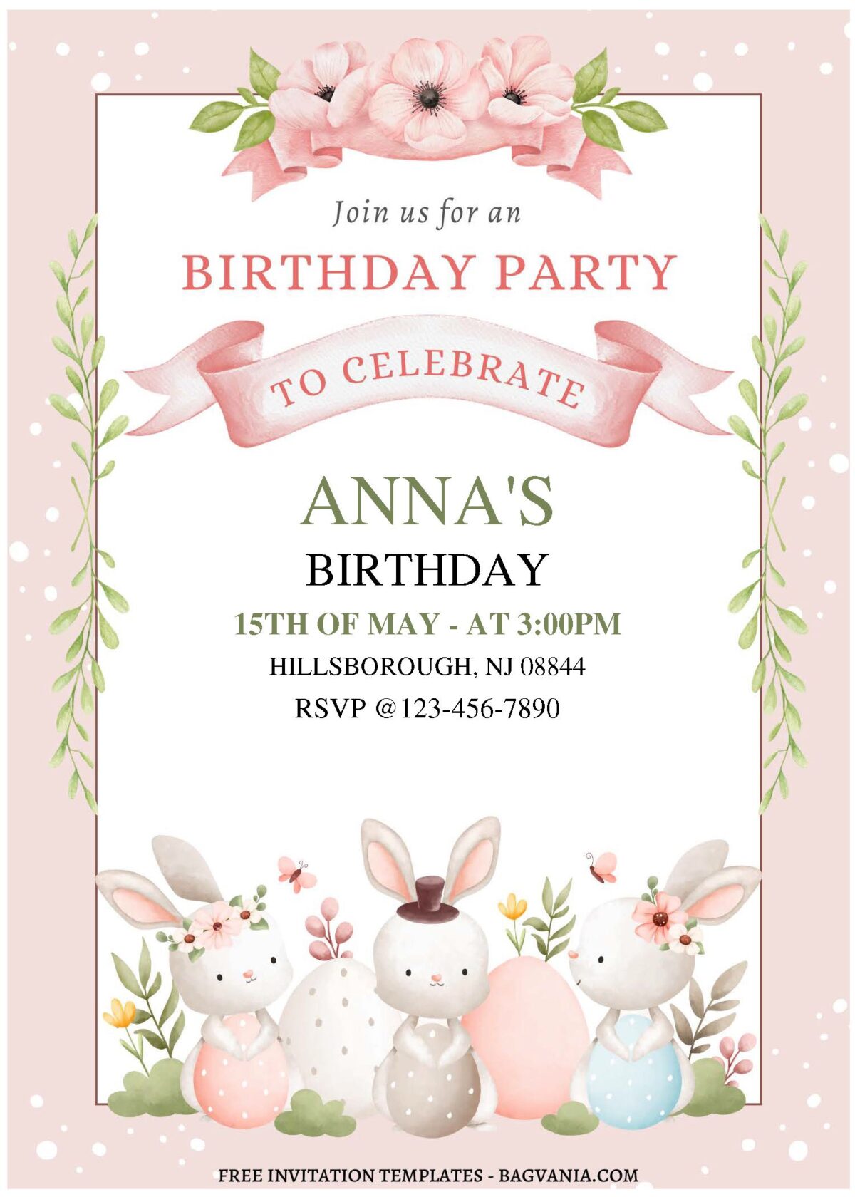 (Free Editable PDF) Watercolor Floral Bunny Birthday Invitation Templates C