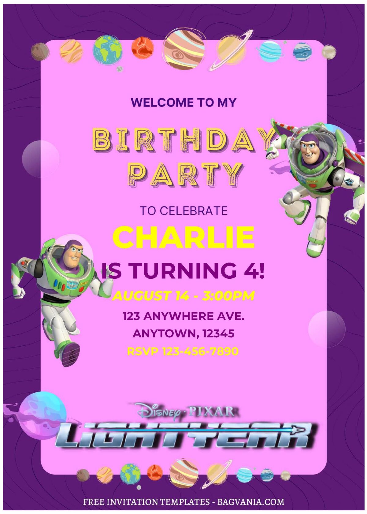 (Free Editable PDF) Buzz Lightyear Space Themed Kids Birthday Invitation Templates A