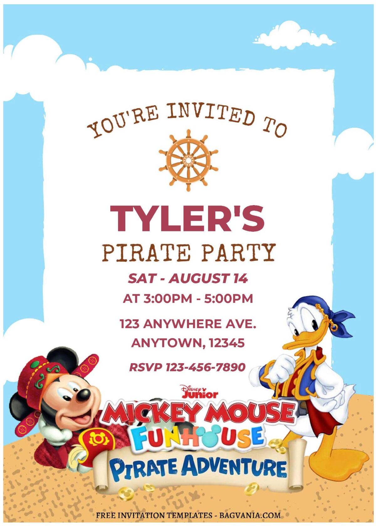 (Free Editable PDF) Super Cute Mickey Mouse Pirate Adventure Birthday Invitation Templates C