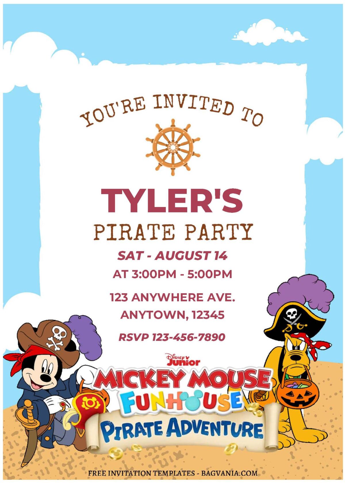 (Free Editable PDF) Super Cute Mickey Mouse Pirate Adventure Birthday Invitation Templates A