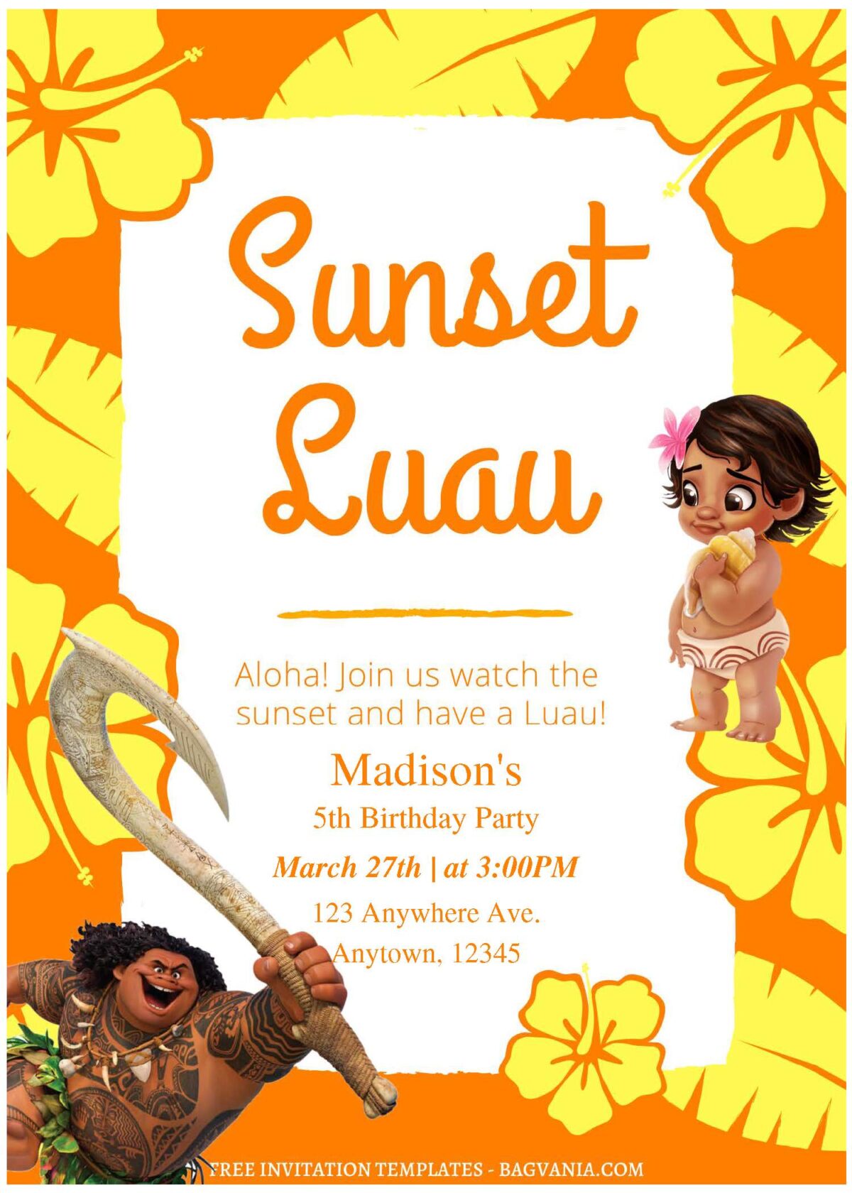 (Free Editable PDF) Cute Sunset Luau Moana Birthday Invitation Templates C