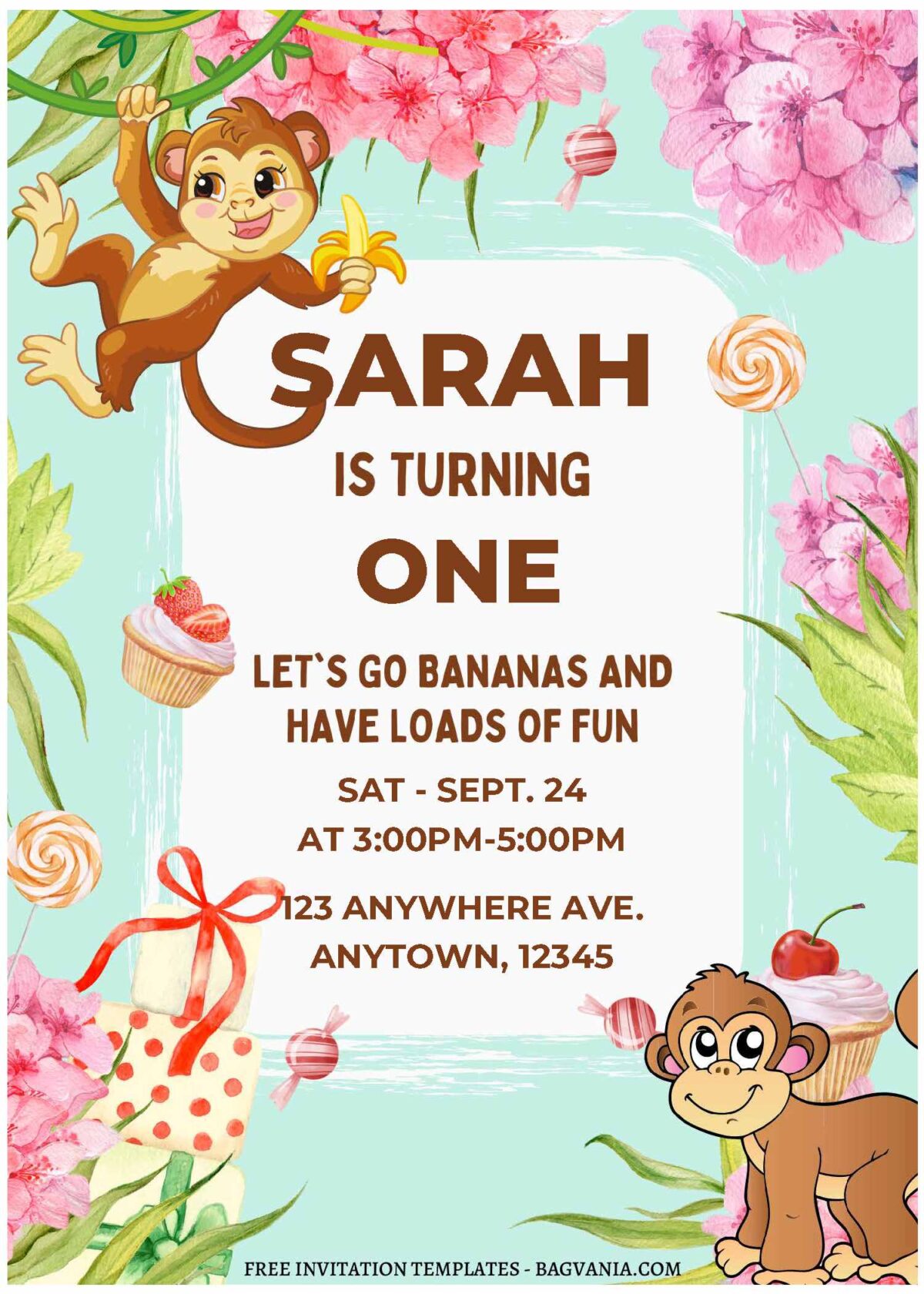(Free Editable PDF) Adorable Monkey Birthday Invitation Templates B