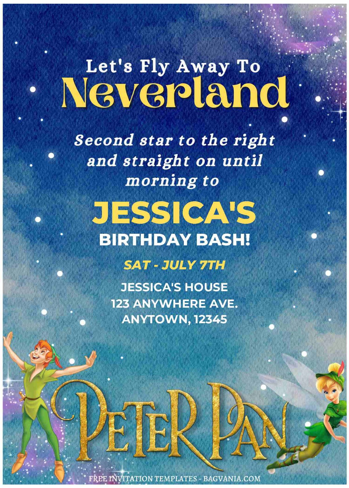 (Free Editable PDF) Starry Night Peter Pan & Wendy Birthday Invitation Templates C