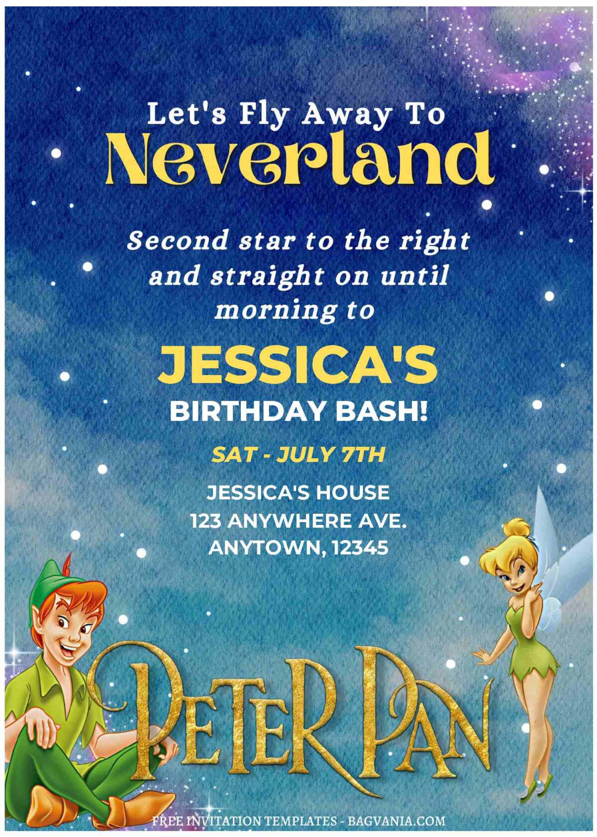 (Free Editable PDF) Starry Night Peter Pan & Wendy Birthday Invitation Templates A