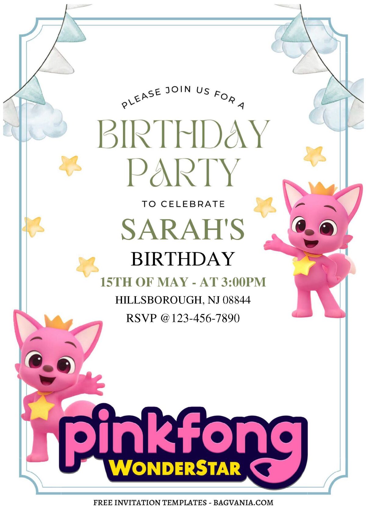 (Free Editable PDF) Adorable Pinkfong Wonderstar Kids Birthday Invitation Templates with cute stars