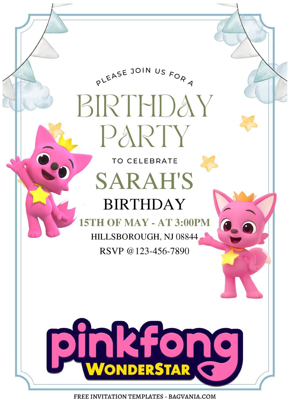 (Free Editable PDF) Adorable Pinkfong Wonderstar Kids Birthday Invitation Templates with stock white background