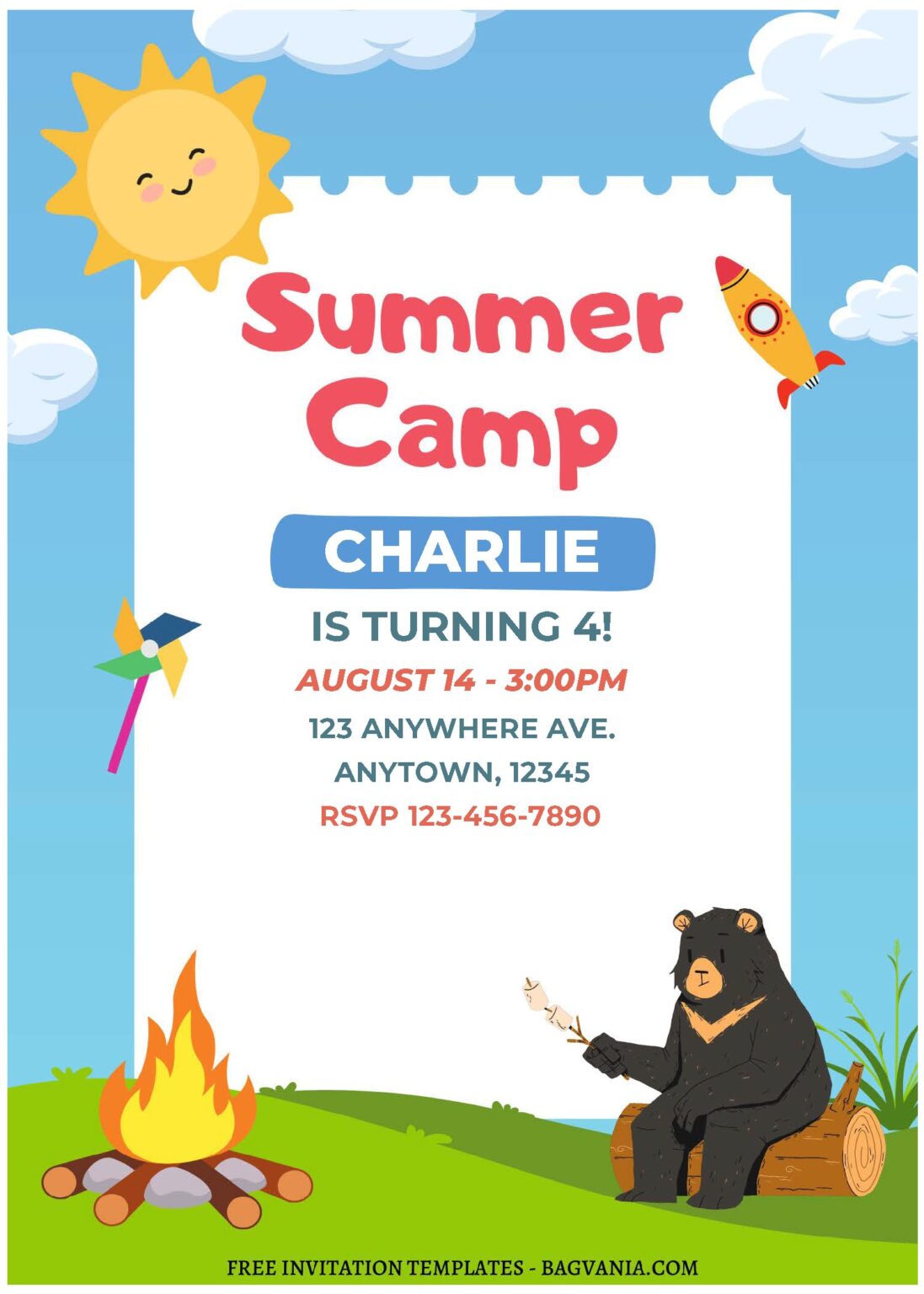 (Free Editable PDF) Playful Summer Camp Kids Birthday Invitation ...