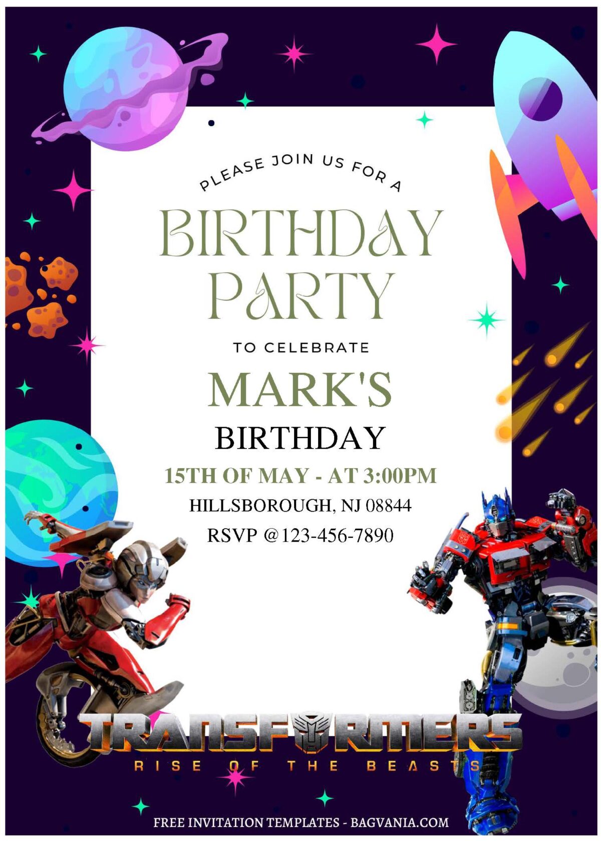 (Free Editable PDF) Epic Transformers Boys Birthday Invitation Templates with space theme