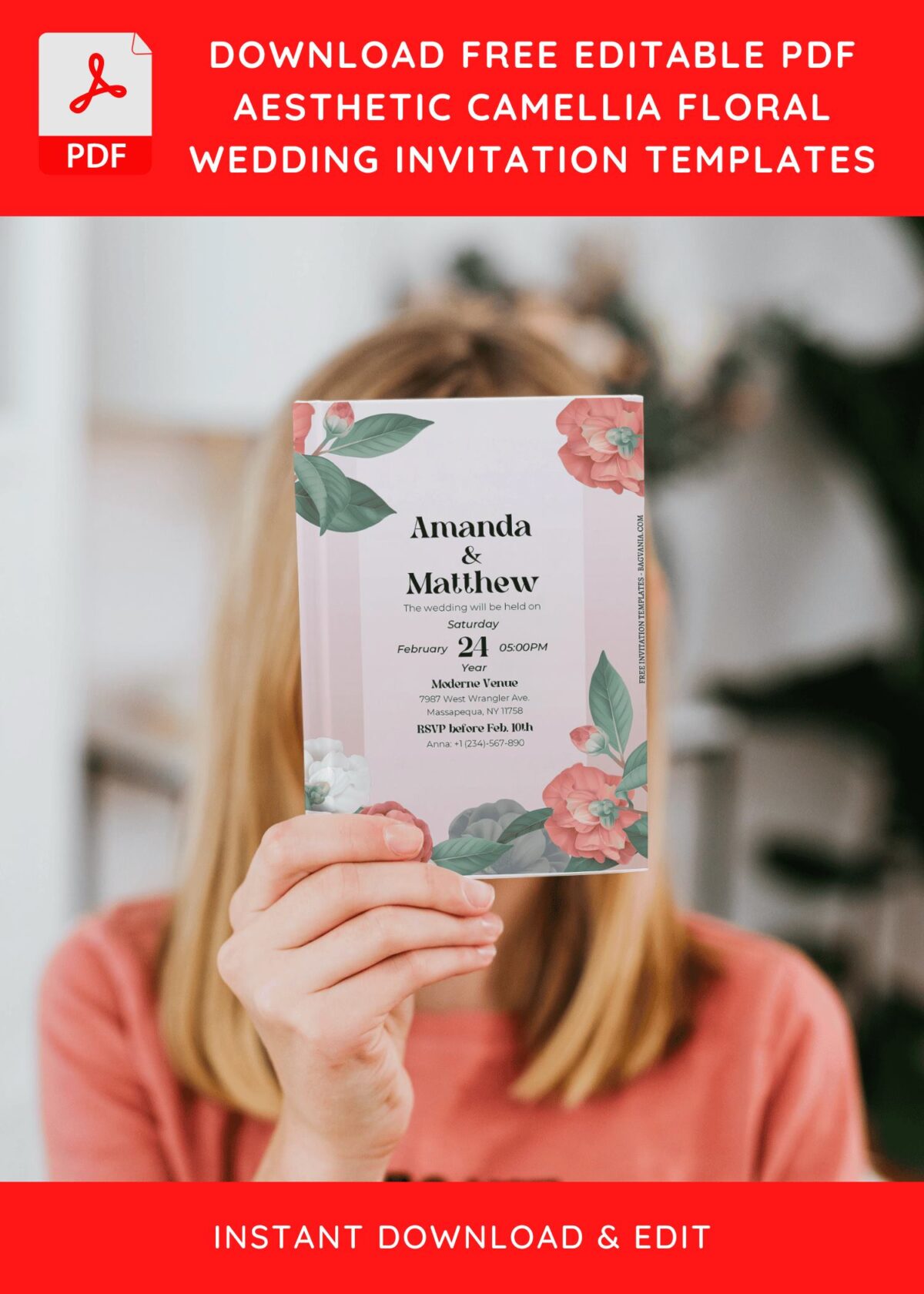 (Free Editable PDF) Dreamy Spring Camellia Buds Wedding Invitation Templates J
