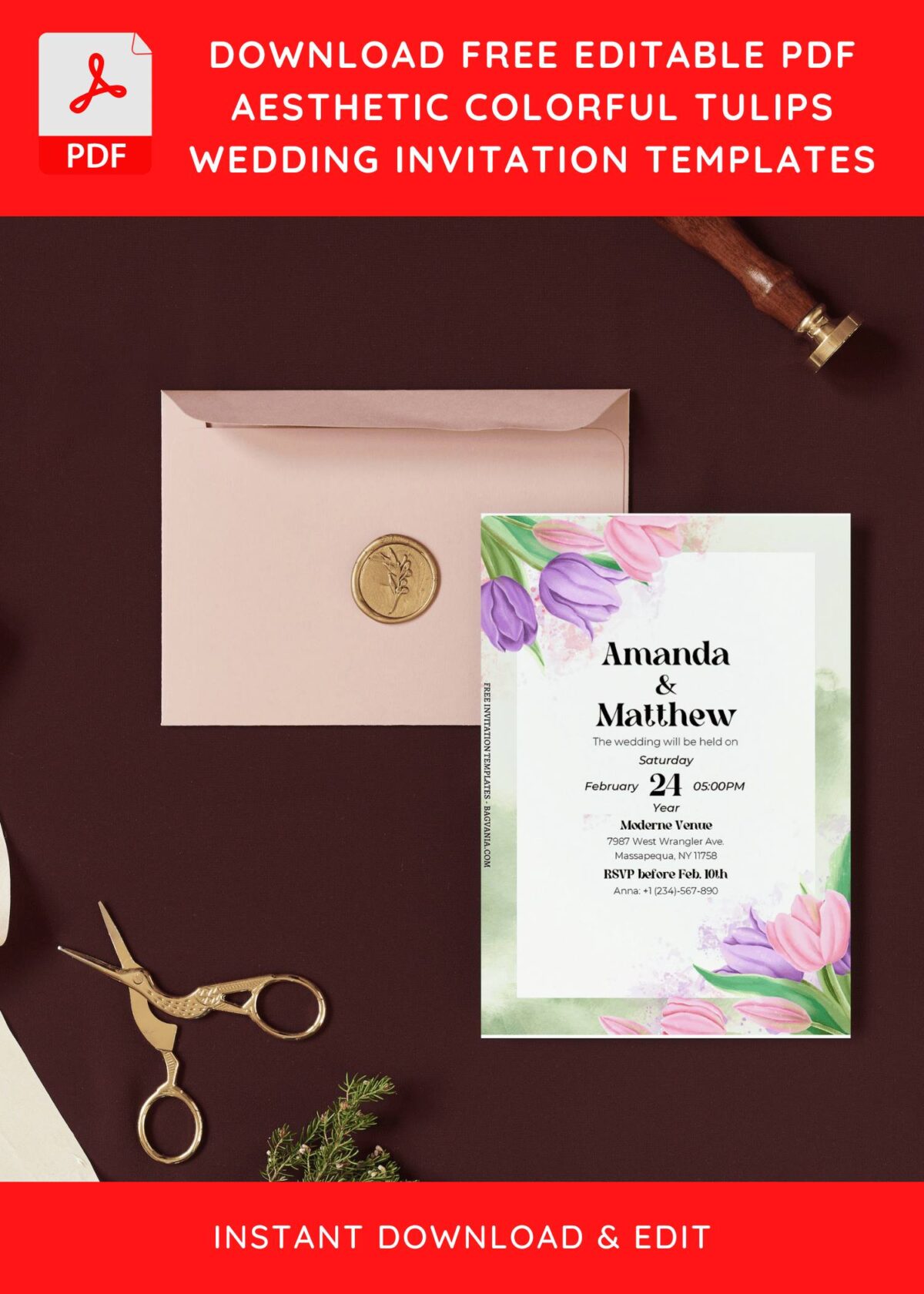 (Free Editable PDF) Minimalist Tulips Wedding Invitation Templates