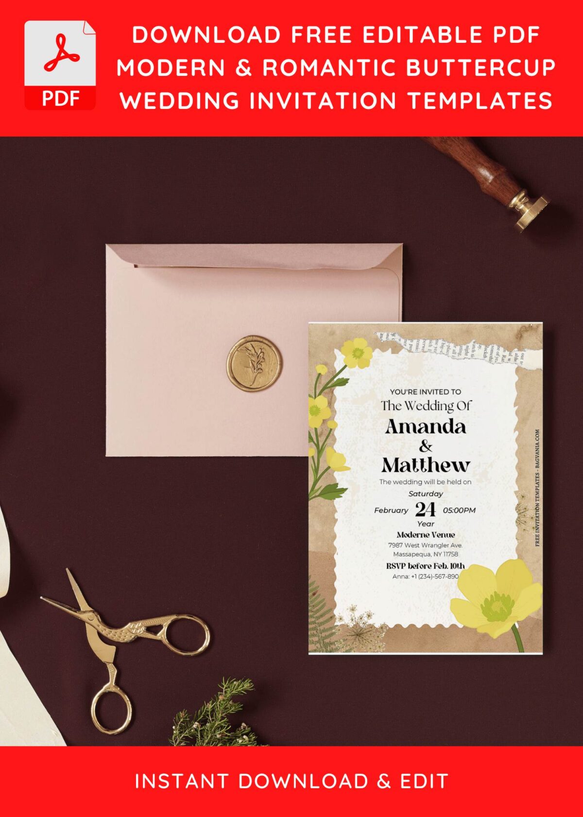 (Free Editable PDF) Rustic Vintage ButterIcup Wedding Invitation Templates 