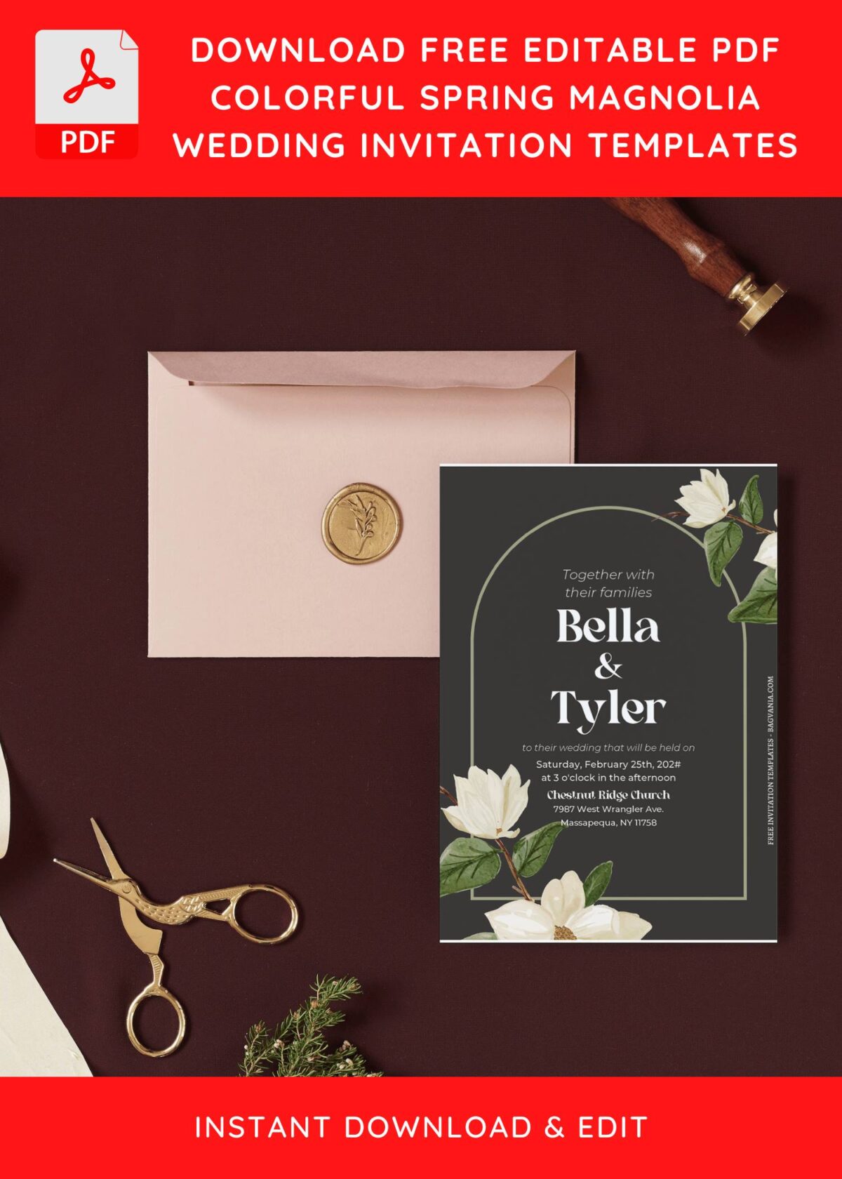 (Free Editable PDF) Elegant Floral Frame Magnolia Wedding Invitation Templates I