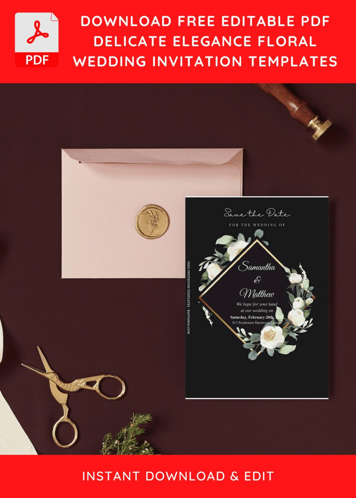 (Free Editable PDF) Gold Rhombus Floral Wedding Invitation Templates I