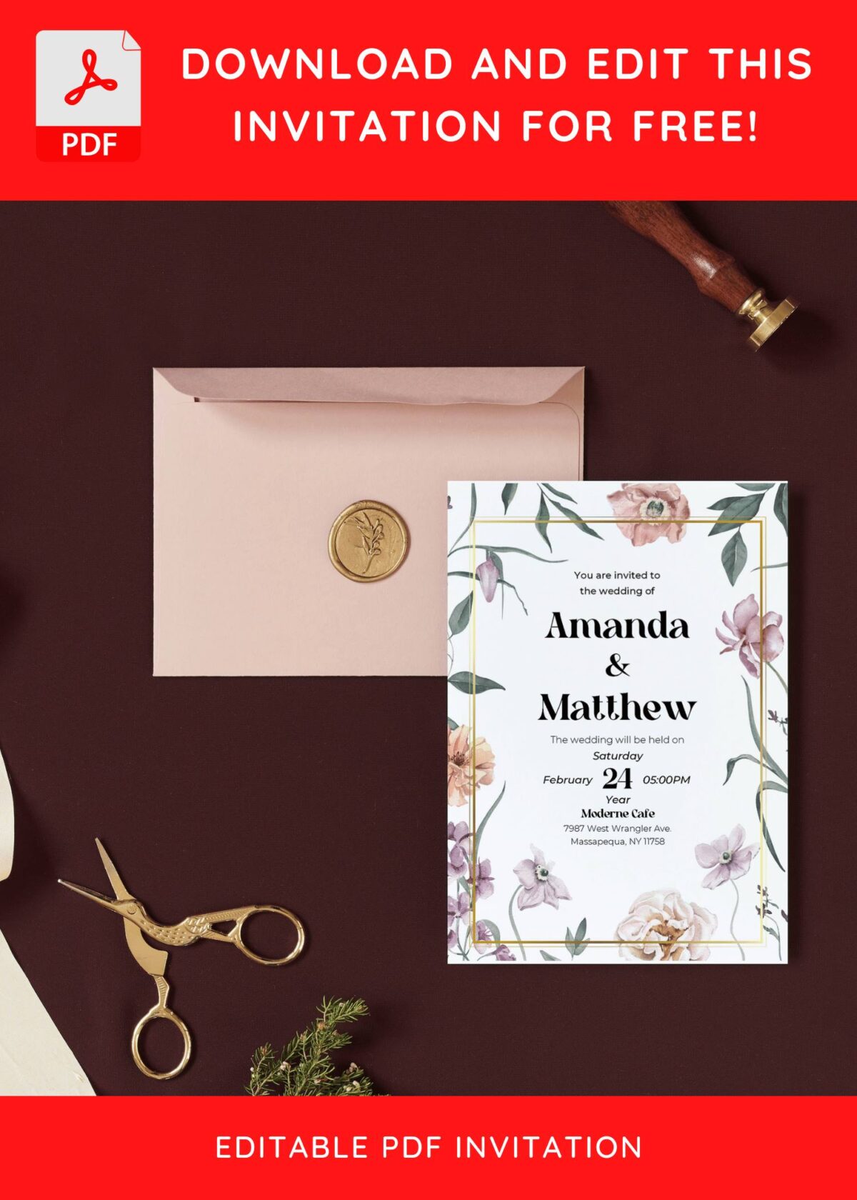 (Free Editable PDF) Geometric Wildflower Wedding Invitation Templates I