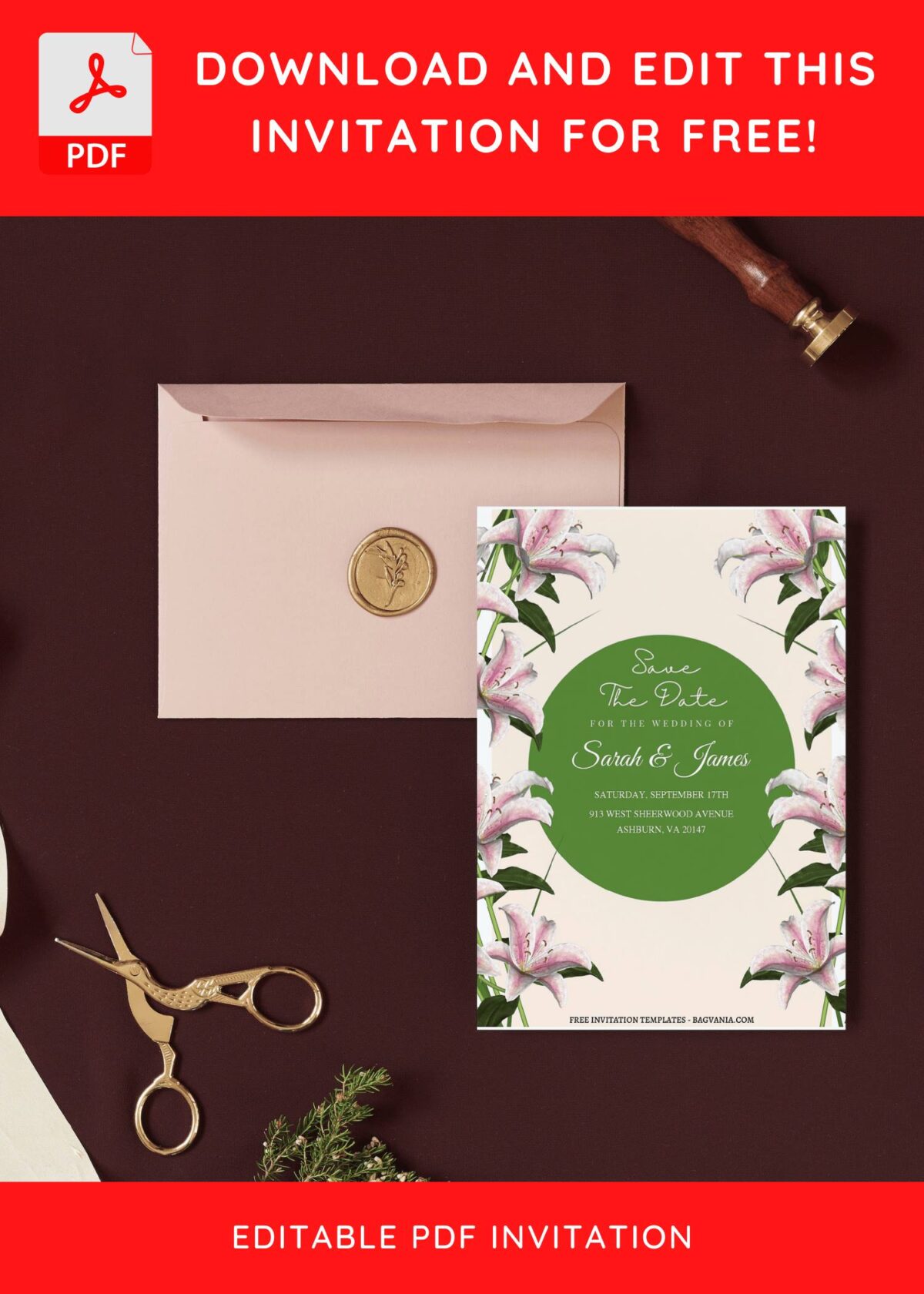 (Free Editable PDF) Botanical Harmony Lily Wedding Invitation Templates I