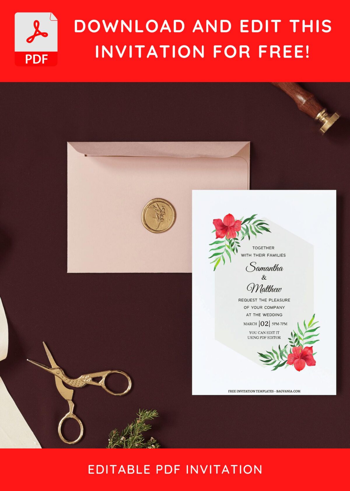 (Free Editable PDF) Radiant Hawaiian Luau Hibiscus Wedding Invitation Templates I