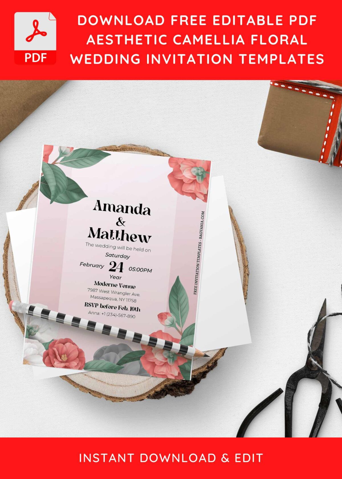 (Free Editable PDF) Dreamy Spring Camellia Buds Wedding Invitation Templates H