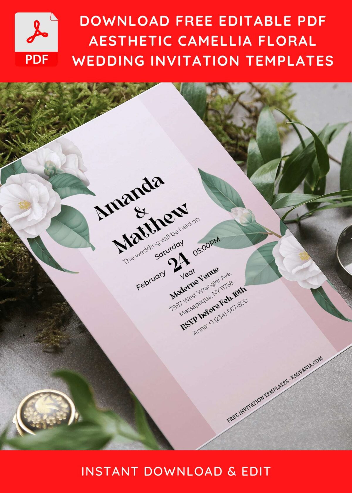 (Free Editable PDF) Dreamy Spring Camellia Buds Wedding Invitation Templates F