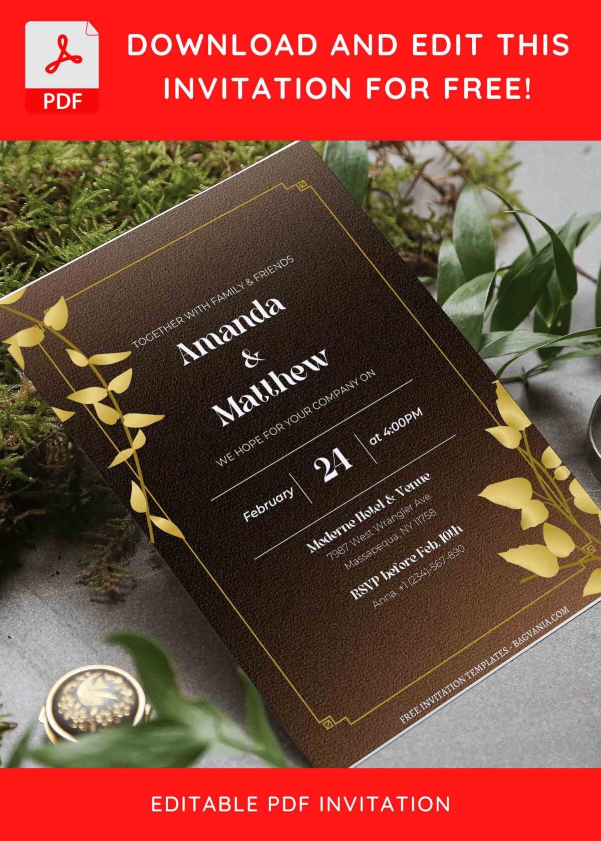 (Free Editable PDF) Gold Foil Greenery Wedding Invitation Templates F