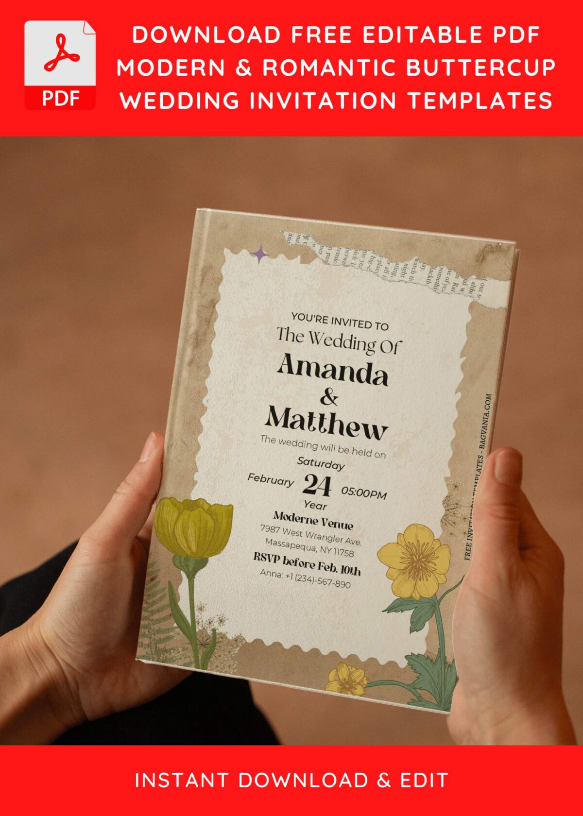 (Free Editable PDF) Rustic Vintage Buttercup Wedding Invitation Templates E