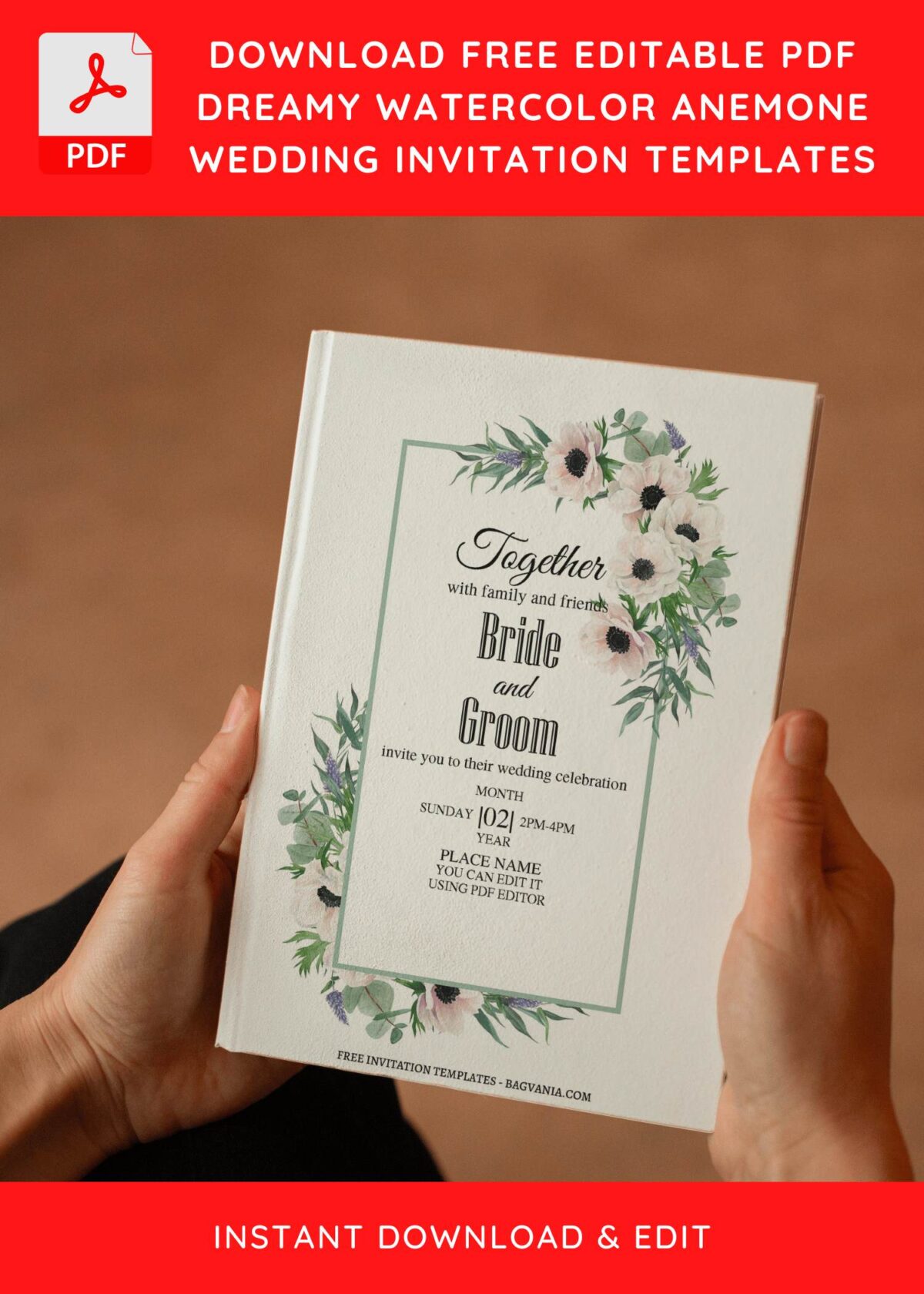 (Free Editable PDF) Garden Anemone Wedding Invitation Templates E