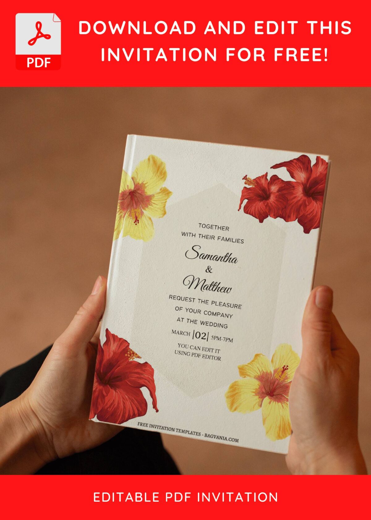 (Free Editable PDF) Radiant Hawaiian Luau Hibiscus Wedding Invitation Templates E