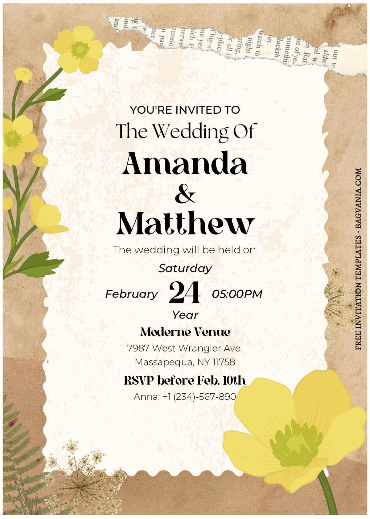 (Free Editable PDF) Rustic Vintage Buttercup Wedding Invitation Templates C