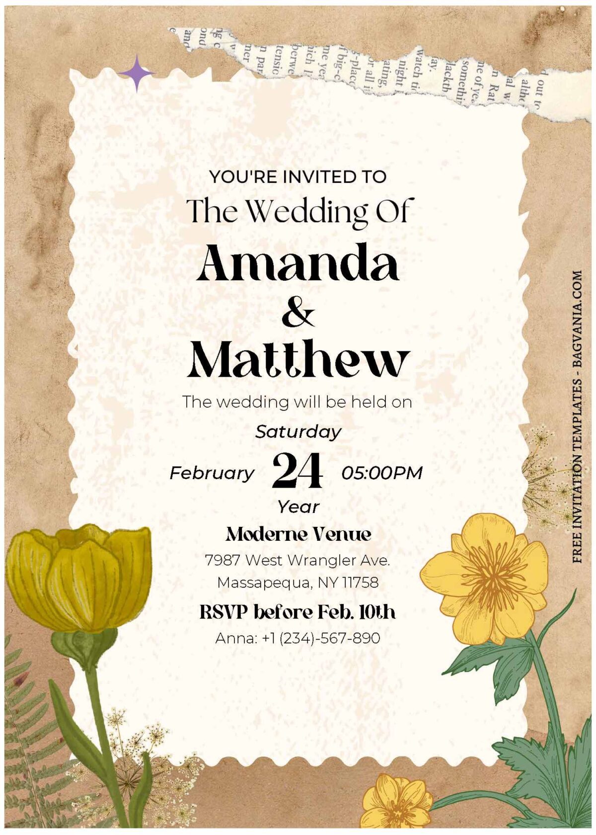 (Free Editable PDF) Rustic Vintage Buttercup Wedding Invitation Templates A