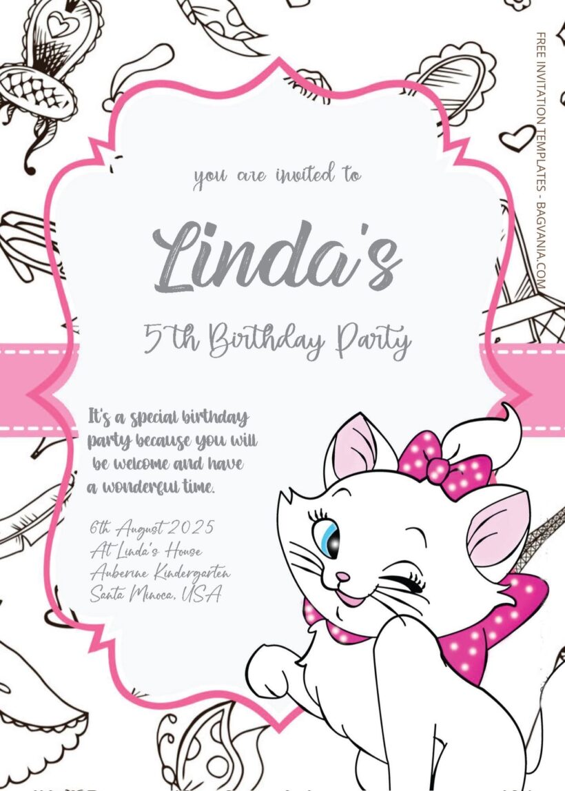 ( Free Editable PDF ) Aristocats Sweet Party Birthday Invitation Templates One