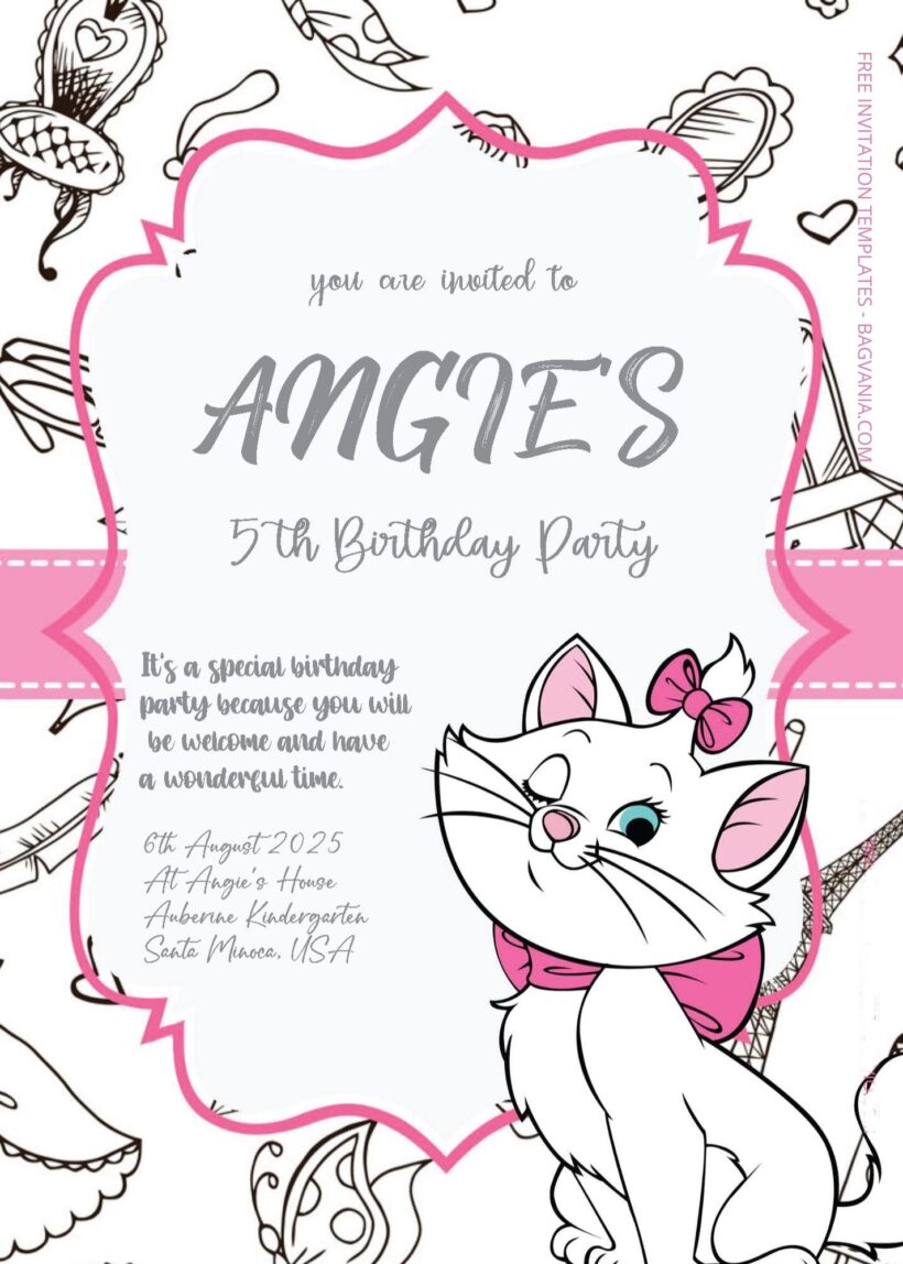 ( Free Editable PDF ) Aristocats Sweet Party Birthday Invitation Templates Three