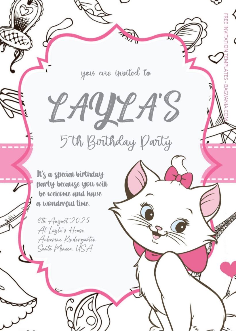 ( Free Editable PDF ) Aristocats Sweet Party Birthday Invitation Templates Two