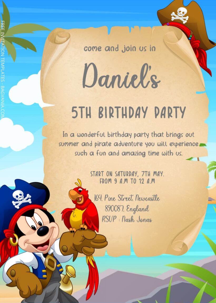 ( Free Editable PDF ) Disney Pirate Birthday Invitation Templates Two