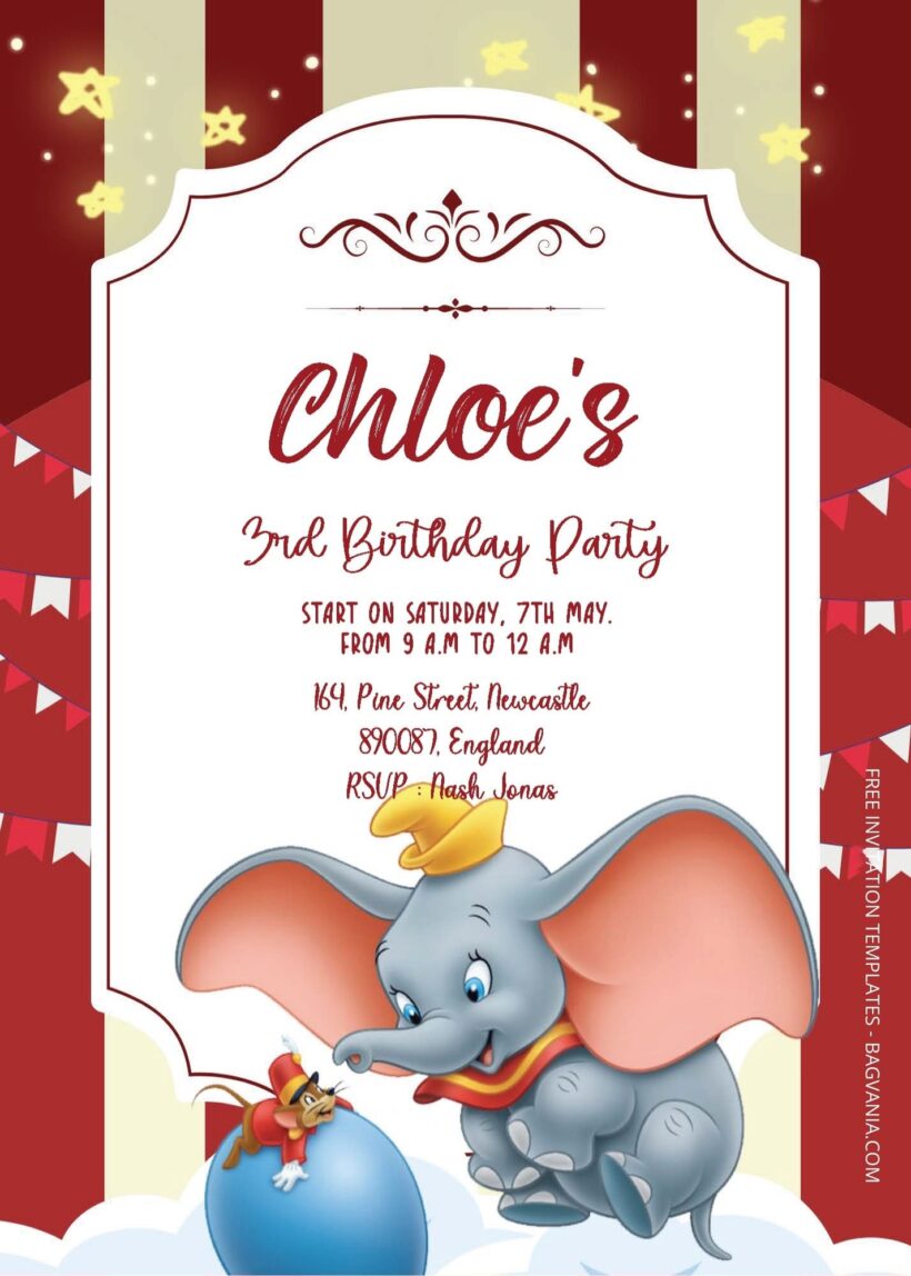 ( Free Editable PDF ) Dumbo Carnival Party Birthday Invitation Templates One