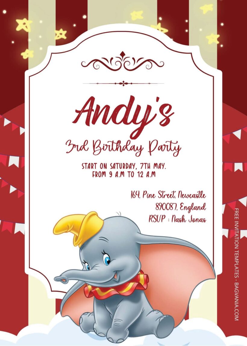( Free Editable PDF ) Dumbo Carnival Party Birthday Invitation Templates Three