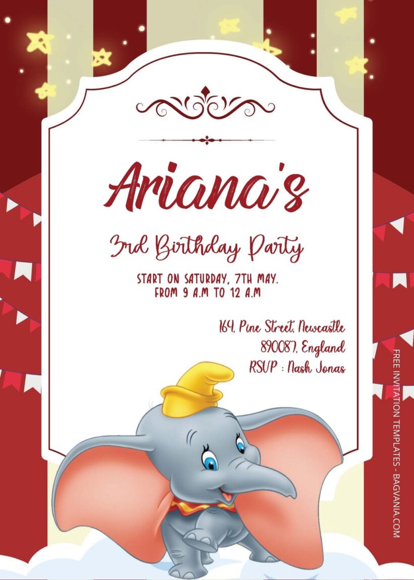 ( Free Editable PDF ) Dumbo Carnival Party Birthday Invitation Templates Two