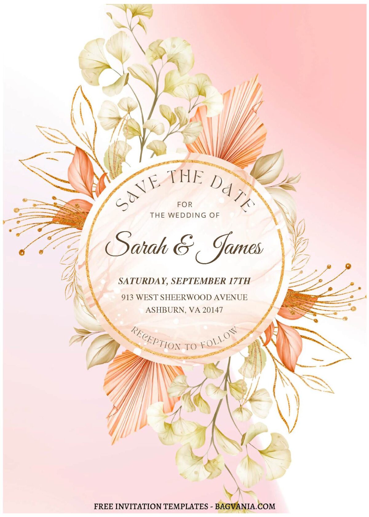 (Free Editable PDF) Modern Luxury Gold Foliage Wedding Invitation Templates B