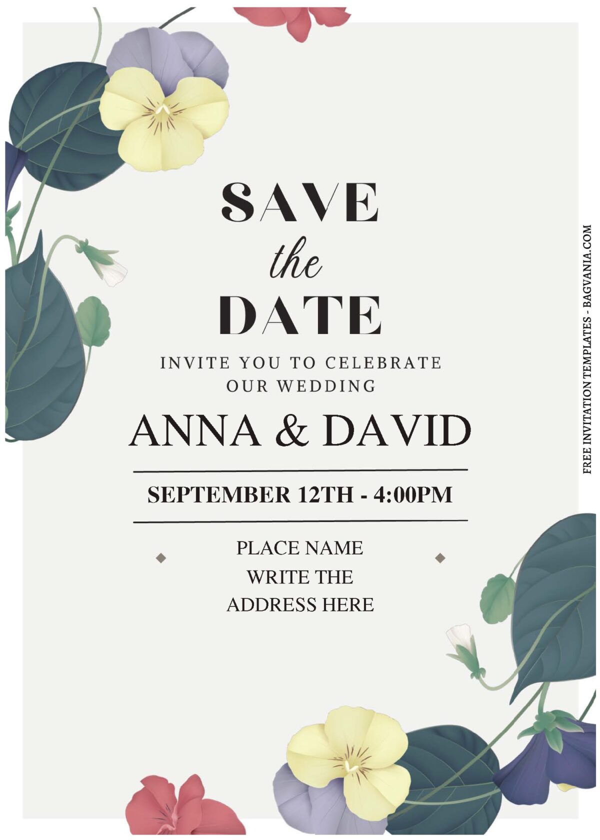 (Free Editable PDF) Sweet Autumn Pansy Flower Wedding Invitation Templates A